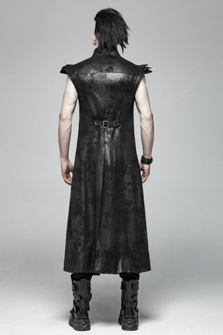 Back view of a long black distressed coat with sleeveless cut, structured shoulders and fitted waist detail.