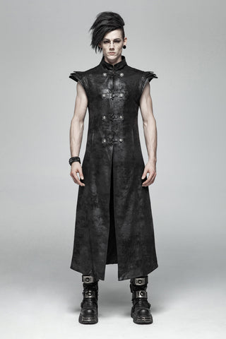 Model wearing a long black distressed coat with a high collar, sleeveless cut and structured shoulder details