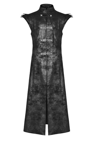 Front view of a long black distressed coat with sleeveless cut, high collar and military-style buckle closures.