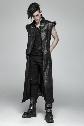 Model wearing an open-front black distressed long coat with structured shoulders, sleeveless cut and layered dystopian styling.