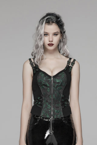 Punk Rave WY-1037MJF green jacquard waistcoat with black cotton panels, adjustable buckle straps, and front zipper, worn with vinyl pants and boots on gray background.