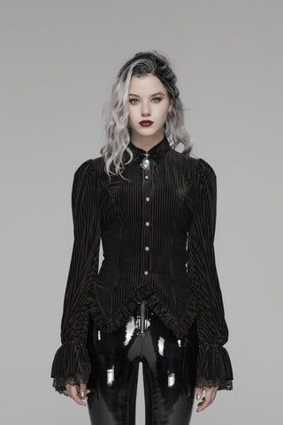 Model wearing a black striped button-front blouse with puff shoulders, fluted lace cuffs, and a pointed hem on a gray studio background.