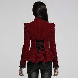 back view of punk rave wy-1045 red victorian vampire short jacket showing corset laces