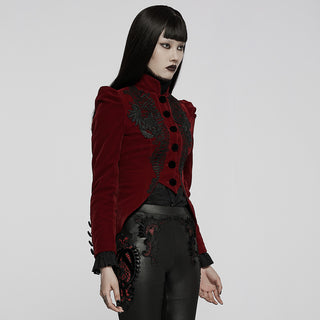 side view of punk rave wy-1045 red victorian vampire short jacket showing arm buttons