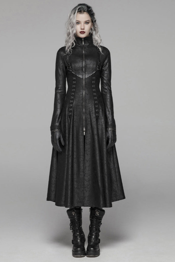 model wearing punk rave wy-1065 women's cyber goth long jacket