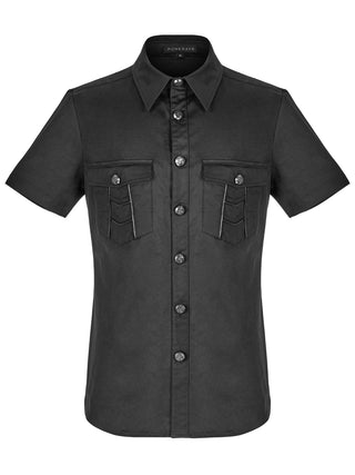 Men’s black gothic short sleeve shirt flat lay front view