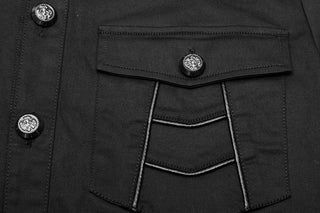Close-up of chest pocket detail on men’s black gothic shirt