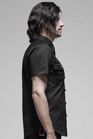 Side view of men’s black gothic short sleeve shirt