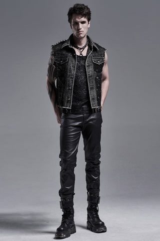 Male model in Punk Rave WY-1272 black denim vest, black pants, and combat boots, standing full-body against grey background.