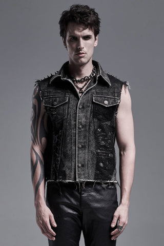 Male model wearing Punk Rave WY-1272 black distressed denim vest with spikes and lace-up detail, standing front-facing.