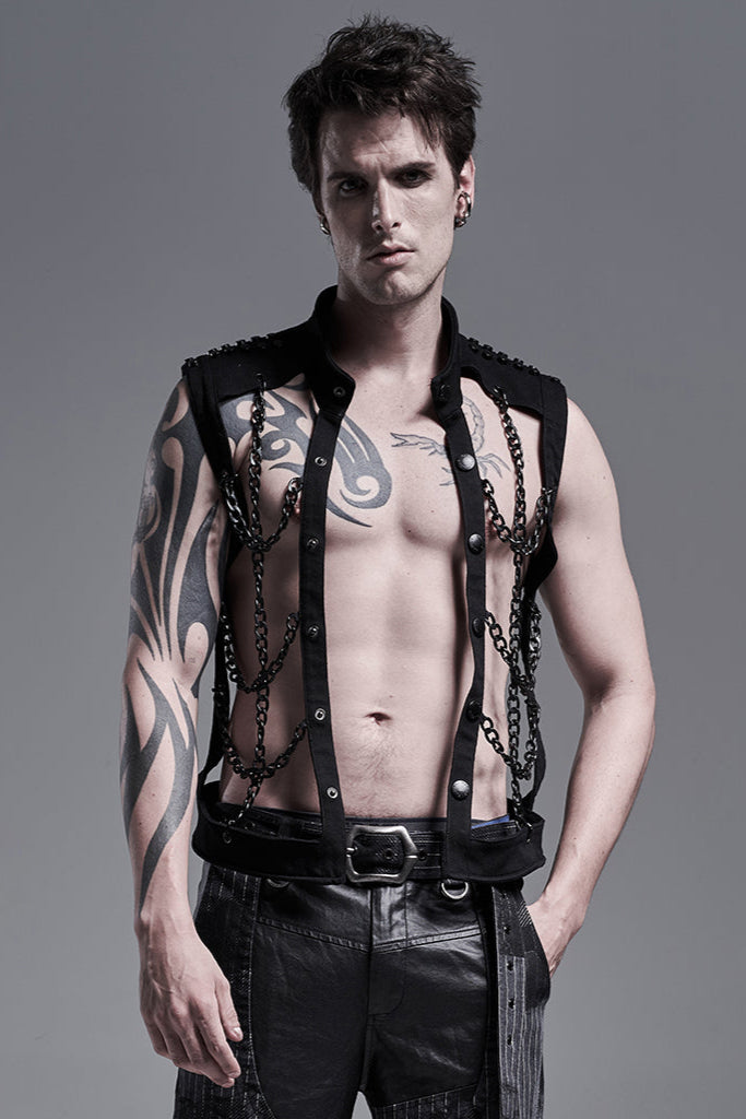 Model wearing Punk Rave WY-1287 sleeveless black cotton top with aluminum chains and snap-button closure