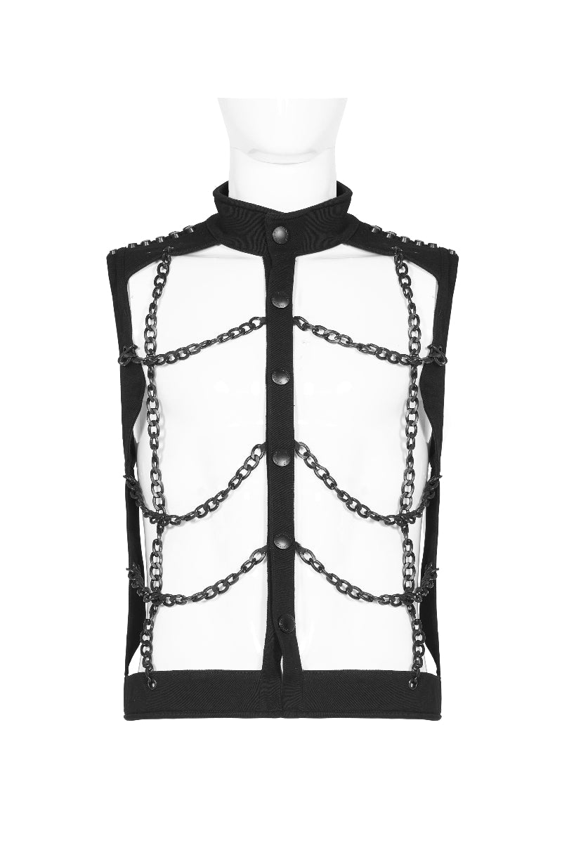 Flat front view of Punk Rave WY-1287 black cotton sleeveless top with matte aluminum chains and snap-button closure