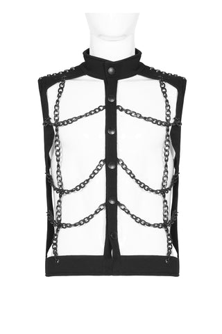 Flat front view of Punk Rave WY-1287 black cotton sleeveless top with matte aluminum chains and snap-button closure
