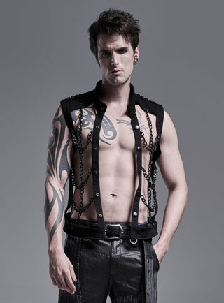 Model wearing Punk Rave WY-1287 sleeveless black cotton top with aluminum chains and snap-button closure