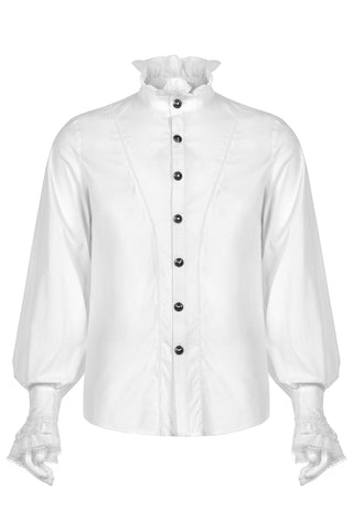Men's white Gothic shirt with high collar and lace-trimmed cuffs