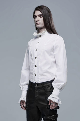 Men's white Gothic shirt side view with high collar and lace-trimmed cuffs