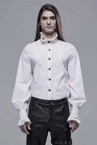 Men's white Gothic shirt with high collar and lace-trimmed cuffs