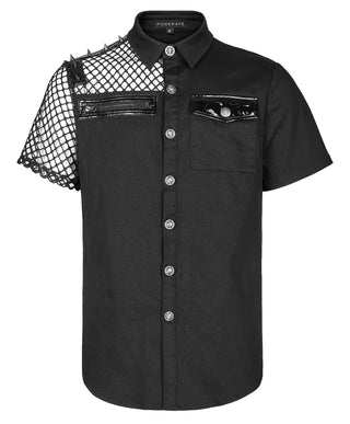 Flat lay of Punk Rave qy-1367 black shirt with asymmetrical mesh sleeve, faux leather trim, and skull buttons
