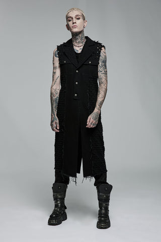 Black sleeveless long punk vest with distressed texture and raw hem, worn front view