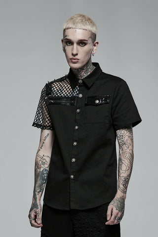 Model wearing punk rave wy-1376 asymmetrical black punk shirt with mesh sleeve, spikes, and faux leather details
