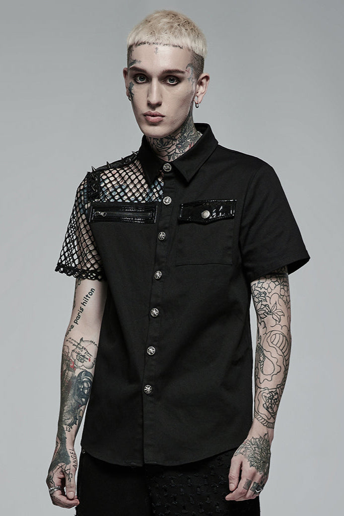 Model wearing punk rave wy-1376 asymmetrical black punk shirt with mesh sleeve, spikes, and faux leather details