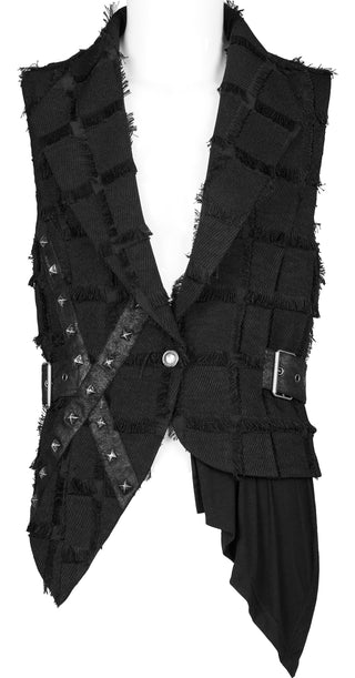 Punk Rave WY-1377 black Gothic vest displayed on mannequin, featuring distressed textured fabric, asymmetrical hem, metal buttons, star-studded straps, and belt buckle accents, on a white background