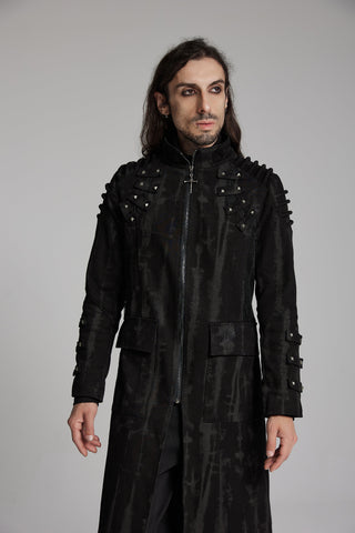 Black Gothic long coat with studded shoulder, chest and sleeve details