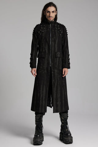 Punk Rave WY-1487 men’s black Gothic long coat with studded shoulder detailing and bleached tie-dye effect worn by model