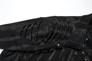 Close-up of black Gothic coat with ribbed shoulder and stud details