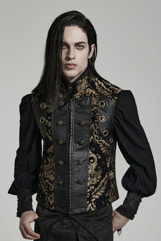 Punk Rave wy-1489 men’s black and gold Gothic brocade zip-up vest with high collar, ornate buttons, and faux leather accents – front view on model.