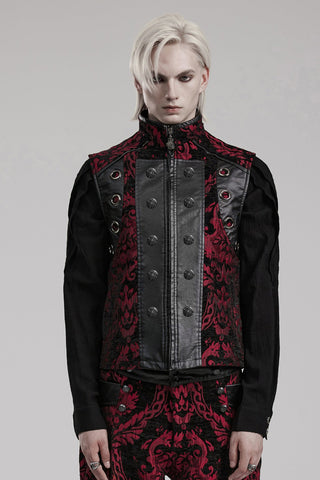 Male model wearing Punk Rave WY-1489 red Gothic vest with black faux leather panels, embossed buttons, and ornate red brocade design