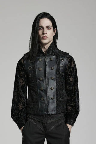 Male model wearing Punk Rave WY-1489 all-black Gothic vest with brocade fabric, faux leather panels, and embossed decorative buttons
