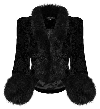 Front view of a women's Victorian Gothic black velvet jacket with faux fur trim, embossed floral pattern, and satin lining