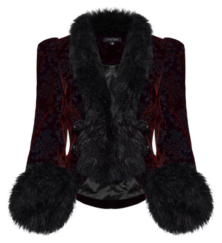 Punk Rave WY-1523 red velvet jacket with floral pattern and faux fur trim shown from front