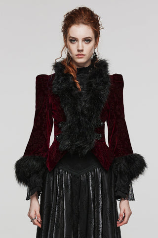 Model wearing Punk Rave WY-1523 red velvet Gothic jacket with faux fur trim and flared sleeves