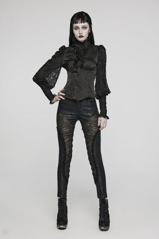 Model wearing Punk Rave WY-1538 black fitted blouse with lace bishop sleeves and ruffled jabot neckline, paired with black lace-panel pants, standing against a white background.