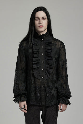 Model wearing punl rave wy-1592 The Aramis Shirt – a men’s romantic Gothic black lace shirt with frilled collar and poet sleeves