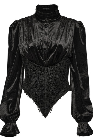 Punk rave wy-1636 black Victorian Gothic women’s blouse with high frilled collar, puff shoulders, long ruffled sleeves, and pointed embroidered waist, displayed on white background.