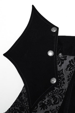 Close-up of high collar and jacquard fabric pattern on Gothic tailcoat