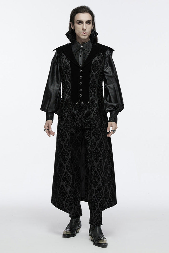 Front view of long Gothic damask tailcoat with high collar and jabot, worn by model