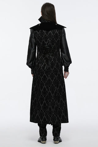 Model shown from behind wearing Gothic tailcoat with corset lacing and damask pattern