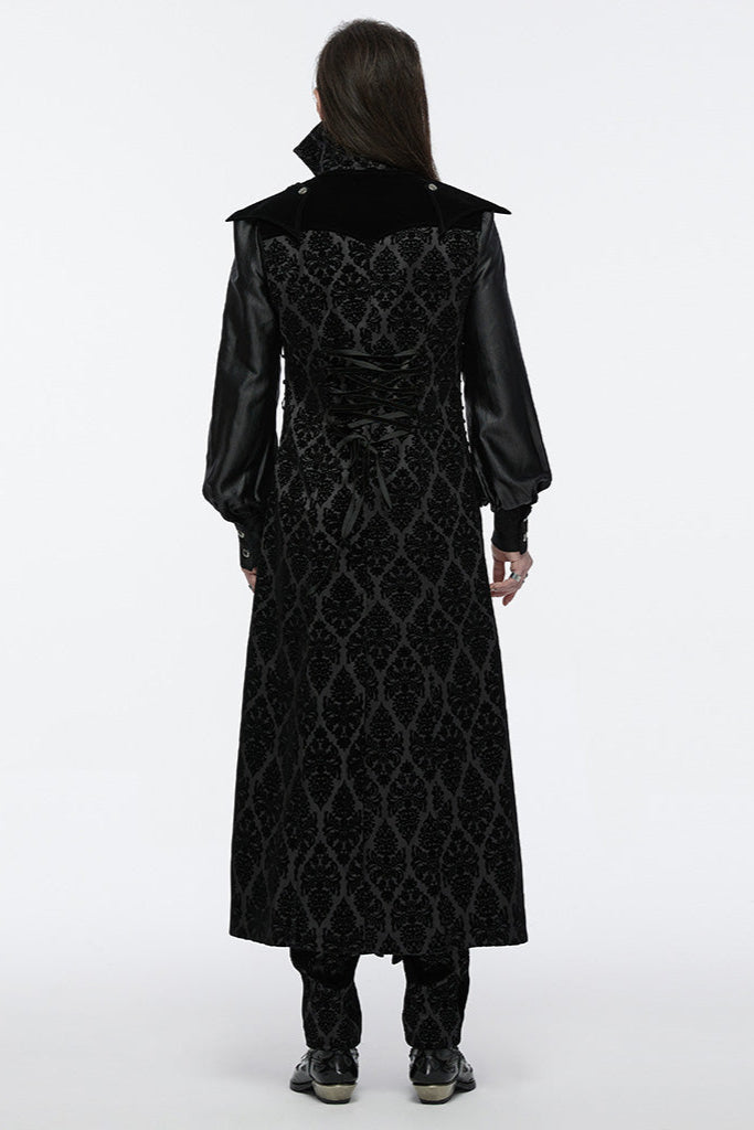 Model shown from behind wearing Gothic tailcoat with corset lacing and damask pattern