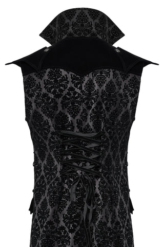 Flat lay showing back of Gothic tailcoat with lacing and high structured collar