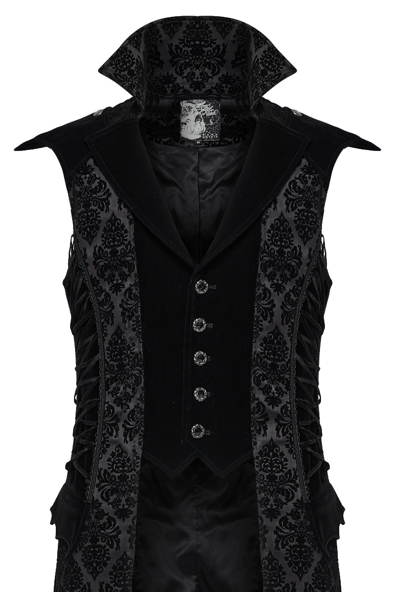 Flat lay of Gothic tailcoat showing front button detail, high collar, and pointed hem