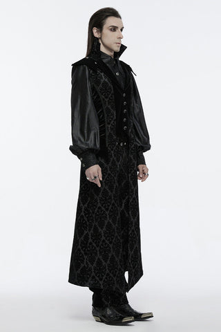 Side view of model wearing Gothic damask tailcoat with pointed hem and structured fit