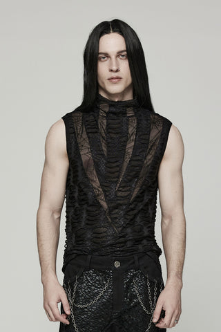 Model wearing Punk Rave WY-777 black sleeveless distressed high neck top with spiderweb mesh details