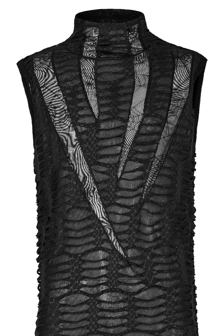 Flat lay of Punk Rave WY-777 black sleeveless high neck top with distressed mesh and spiderweb lace panel on front