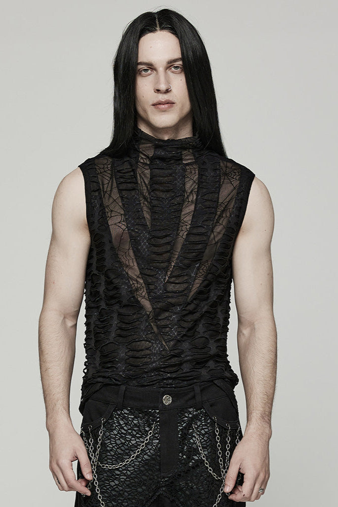 Model wearing Punk Rave WY-777 black sleeveless distressed high neck top with spiderweb mesh details