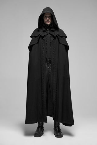 Model wearing punk rave wy-1177 long black medieval hooded cloak.