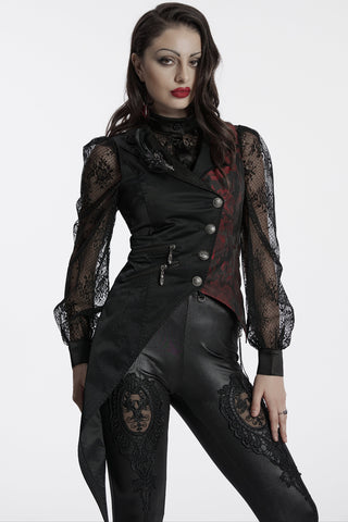 Punk Rave y-330 black and red asymmetric tail vest with engraved buttons, decorative waist zips and a feathered rose lapel brooch.